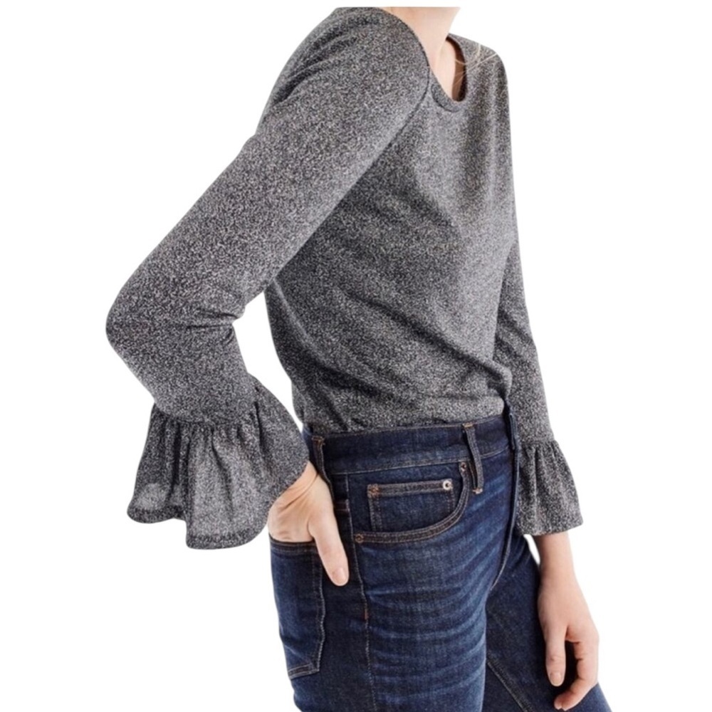 J. Crew Sparkle bell sleeve black and silver metallic top New with Tags Medium